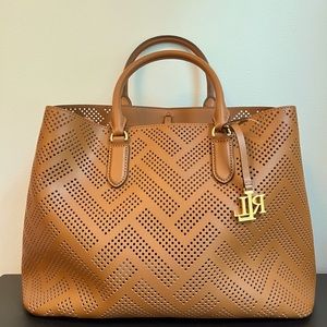 Brand New! Ralph Lauren Large Marcy Satchel Tote in Tan Perforated Leather